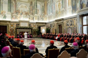 This handout picture released Dec. 22 by the Vatican press office shows Pope Francis delivering a speech to the prelates during the audience of the Curia, the administrative apparatus of the Holy See, for Christmas greetings in the Sala Clementina of the Apostolic Palace at the Vatican. (Osservatore Romano via AFP)